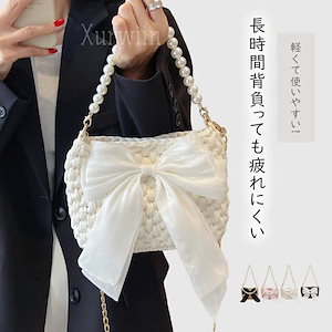 かごバッグ 小さめ ショルダーバッグ 斜め掛け 編みバッグ 浴衣バッグ パール付き リボン付き ショルダーバッグ レディース 編みバッグ 夏 軽量 2way ミニバッグ