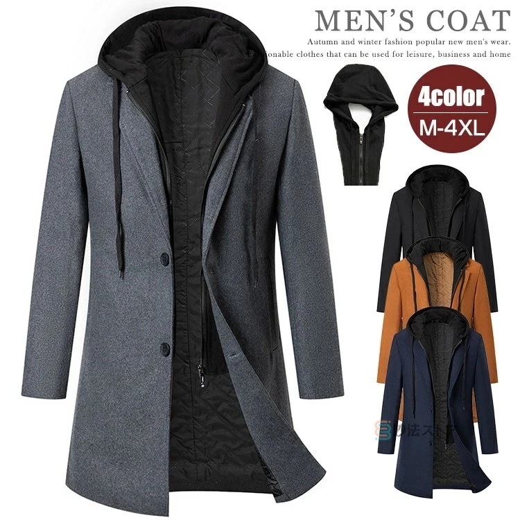 チェスターコート メンズ コート フード付き ウールコート ビジネスコート ハーフコート ウール混 スリム ビジネス カジュアル 通勤 通学 アウター 秋冬 冬服 防寒 紳士服 オシャレ フード脱着可