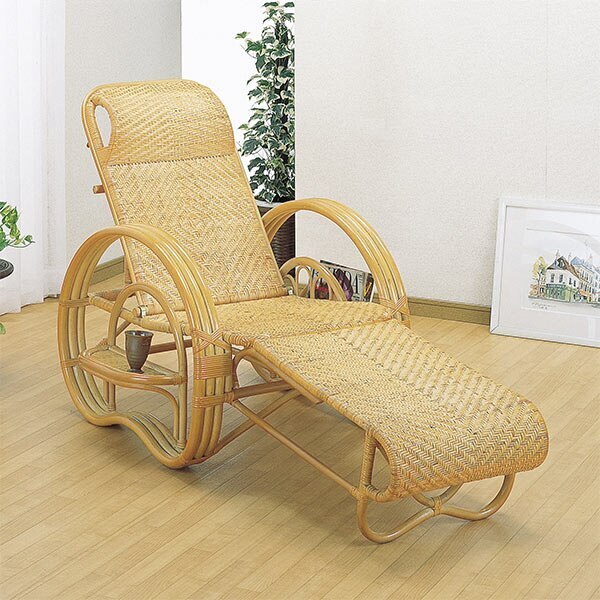 ラタンチェア 三つ折り寝椅子 リクライニングチェア ラック付 籐家具