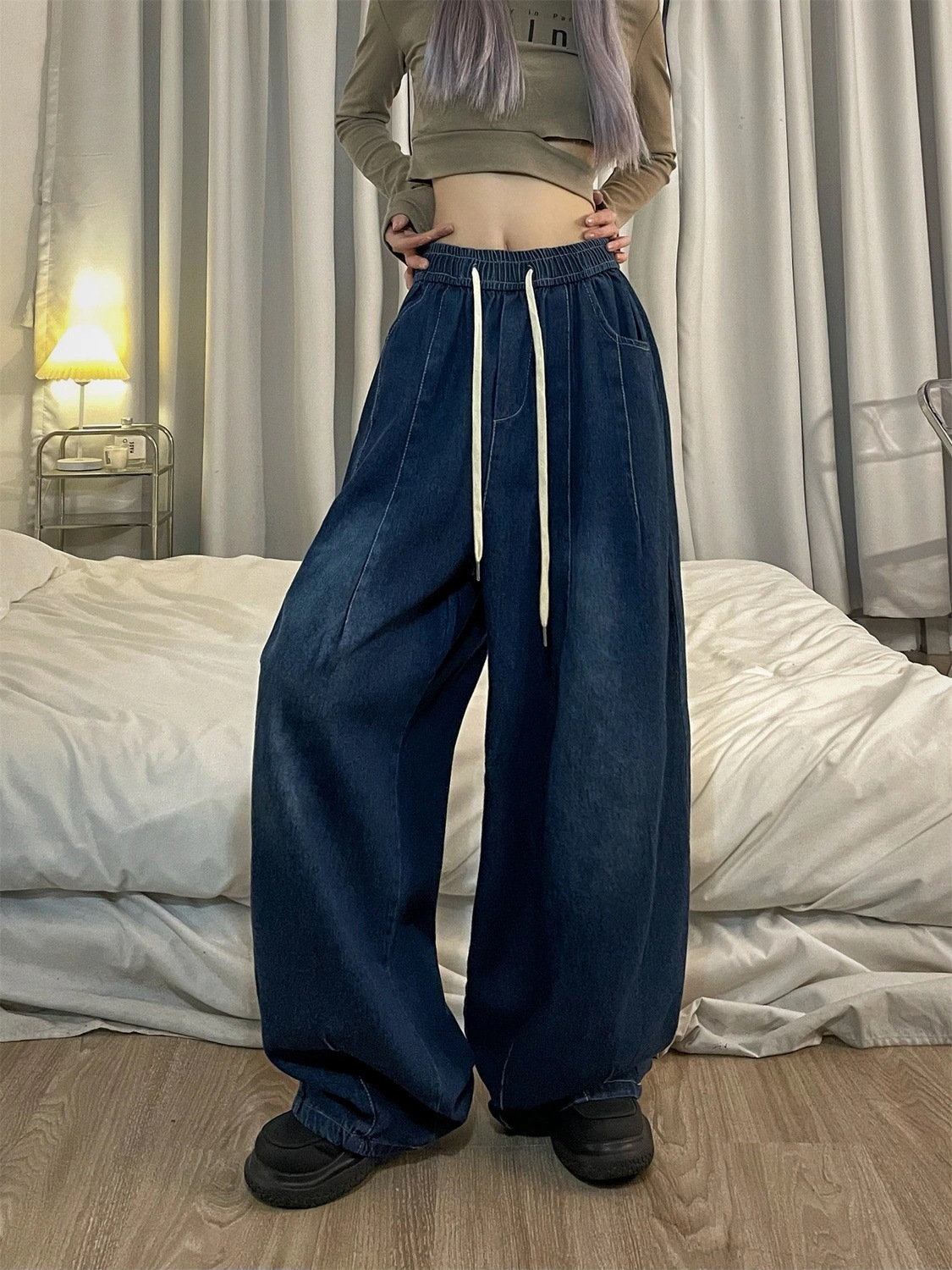 デニムパンツ スラックスパンツ レトロ ジーンズ デニム ワイドパンツ ゆったり ハイウエスト 怠惰風 垂れ感 着痩せ ズボン 凉しく 快適 プリーツ レディース ズボン