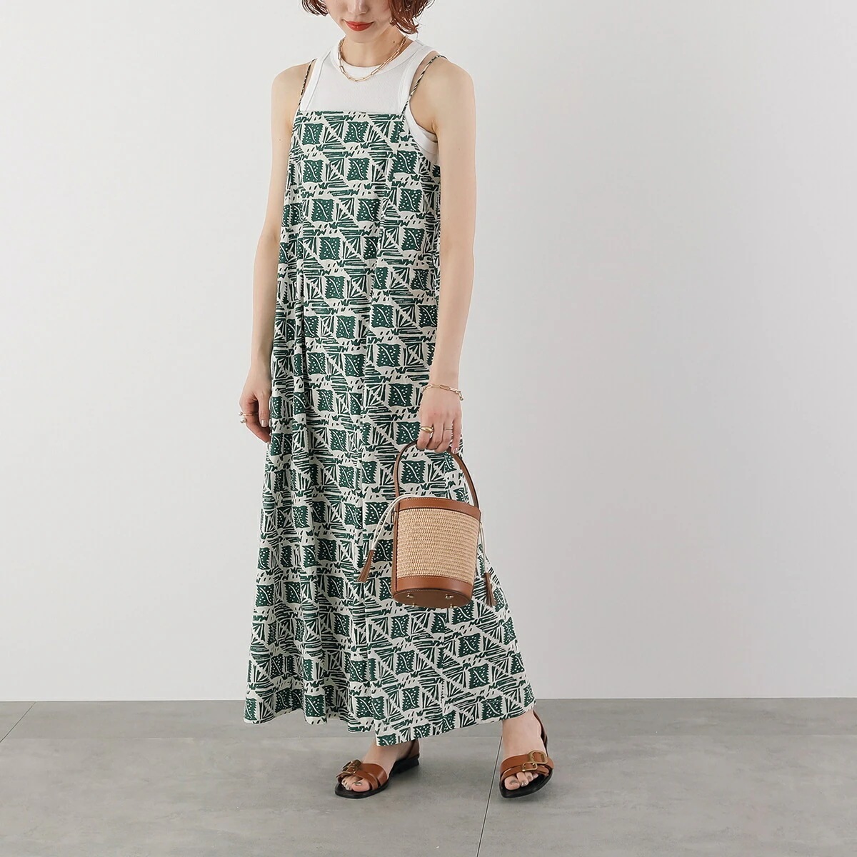 Sara mallika サラマリカ ワンピース Cotton Poplin Print Cami Dress 020551SM1 レディース キャミソール コットン 幾何学柄 マキシ丈 Aライン G