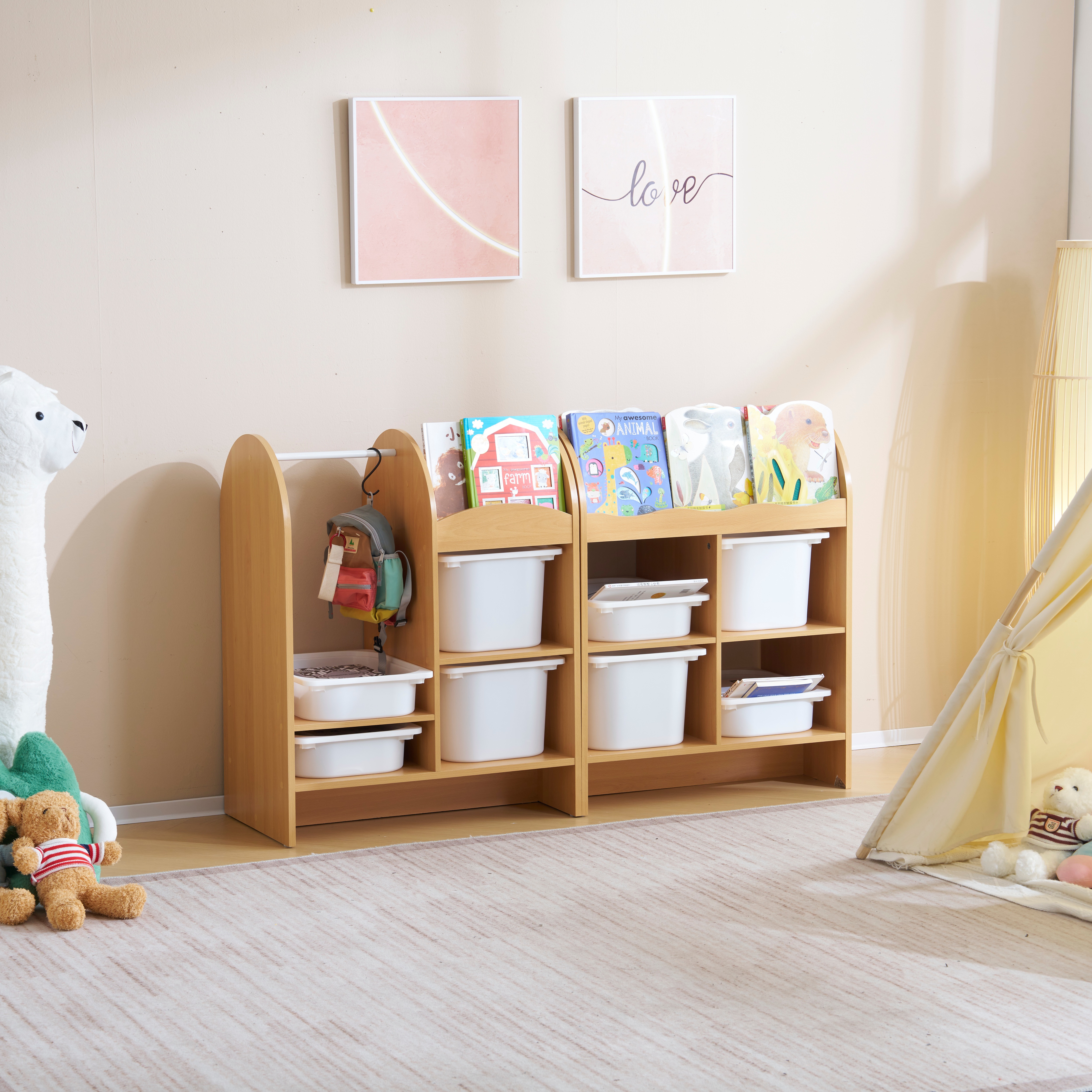 【大好評！最安値挑戦!】おもちゃ収納ラック ハンガーバー付き 子ども用家具 木製 収納ケース ワイドタイプ 大容量 組立カンタン 絵本棚 絵本ラック こども コンパクト 大容量 おしゃれ 入学 入園 24,754円