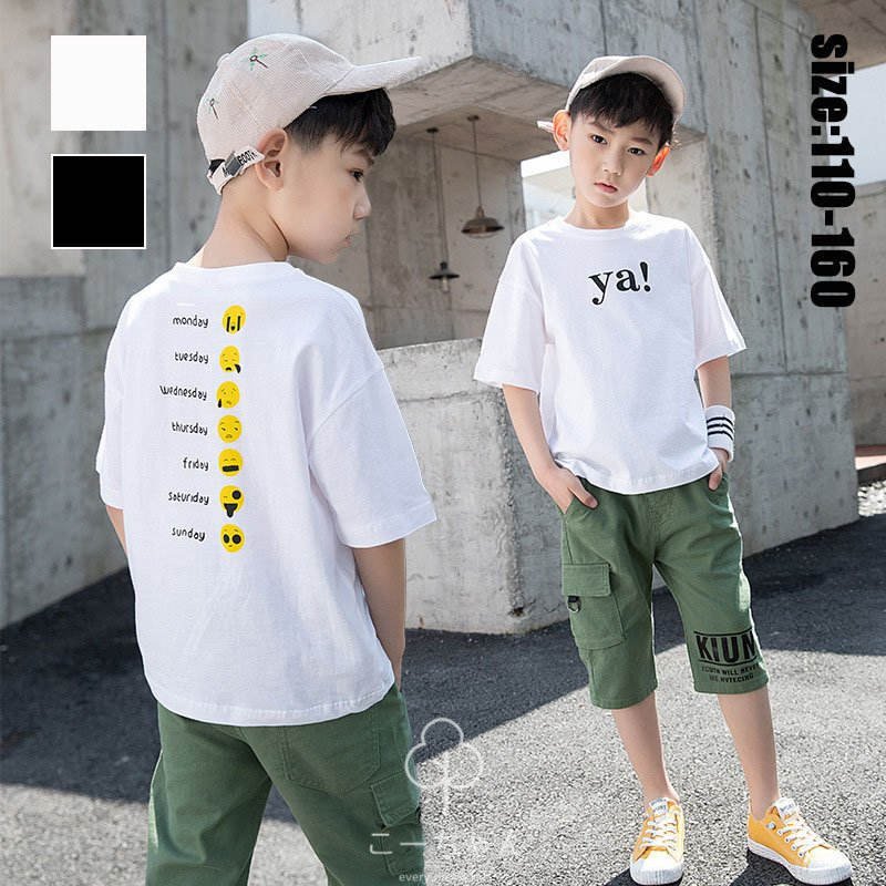 韓国子供服 セットアップ tシャツ 半ズボン 男の子 夏 最先端 カジュアル 五分丈パンツ 一部予約 プリント 半袖