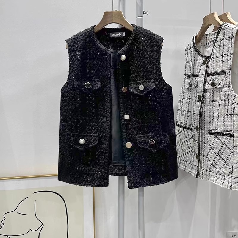 【L-4XL】ツイードジレ ツイード ボタン ジレ ベスト トップス レディース ショート コート レディース 春 秋 冬 オフィスコーデ ママコーデ 体型カバー a4869