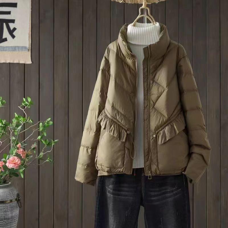 2025年冬新作薄手レースフリルスタンドカラーショートダウンジャケットレディースおしゃれホワイトダックダウンジャケット