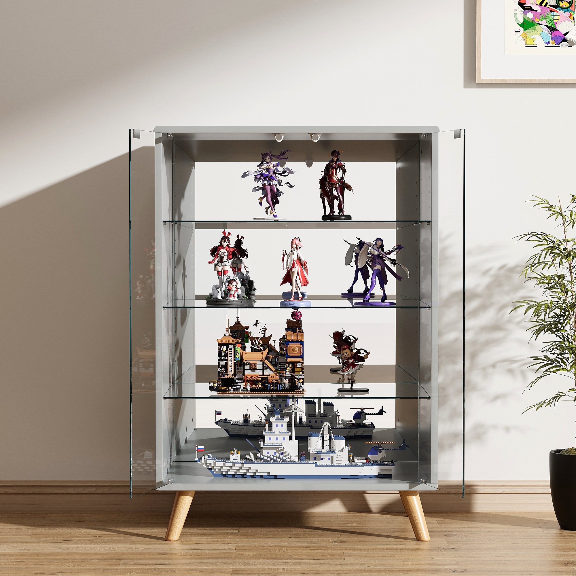 コレクションケース ワイド 大容量 コレクションシェルフ ガラスディスプレイキャビネット 4段 高さ調節可能 背面ミラー 強化ガラス棚 サイズ：幅60*奥行43*高さ88CM グレー