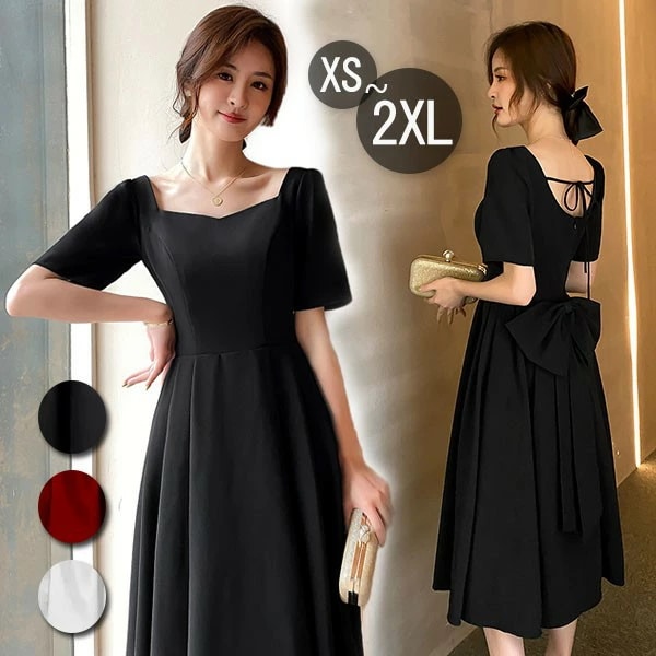 ドレス ミモレ丈 大人 ピアノ 発表会 ドレス 演奏会 ミディアムドレス 袖あり 背中開き スクエアネック サテン パーディードレス Aライン 後ろリボン フォーマル 小さいサイズ ファスナー 可愛い