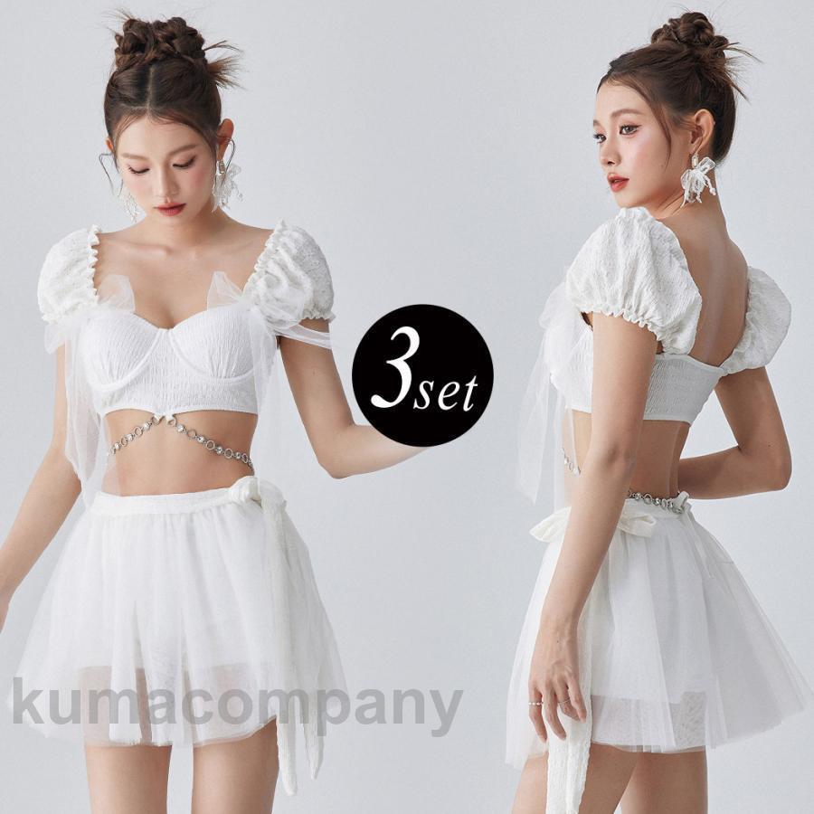 夏 水着 ビキニ ブラ スカート ショートパンツ 3点セット レディース バルーン袖 2way オフショルダー オフショルビキニ チェーン付