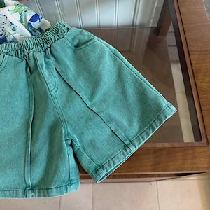 子供服 男の子 用 デニム ショートパンツ 薄手 ハーフパンツ 中小学生 コットン プリント 緑