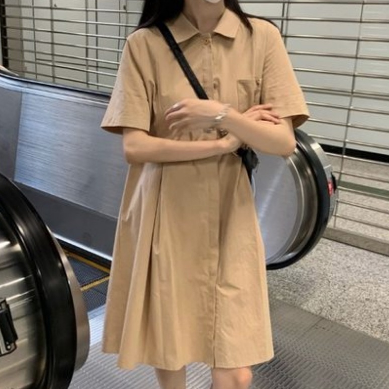 ワンピース デート かわいい 大人可愛い きれいめ シンプル カジュアル 大人 上品 おしゃれ 襟付き 半袖 膝丈 フレア 無地 通勤 通学 休日 アウトドア 春夏 韓国 XL カーキ お揃い モテ