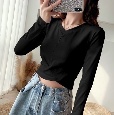 トップス レディース 無地 長袖 Vネック ラウンドネック ロングシーズン インナー レイヤード 着回し 普段使い 休日 旅行 イベント ブラック　ホワイト イエロー　ブルー パープル お揃い 2XL