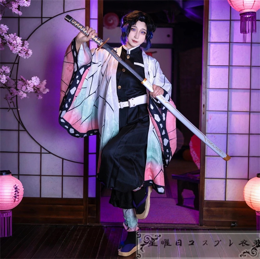 [最安値挑戦] 全面改良 暗紋付き 胡蝶しのぶ 鬼殺隊制服 コスプレ衣装 コスチューム 頭飾り付き