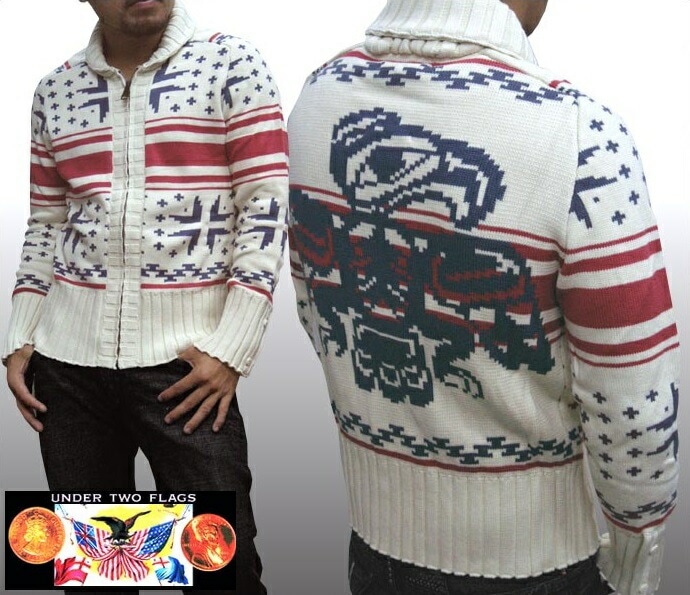 セール アンダートゥーフラッグス メンズ カウチン ニット カーディガン ホワイト アウター UNDER TWO FLAGS ストリート ブランド bboy B-Boy スタイル HIPHOP ウ