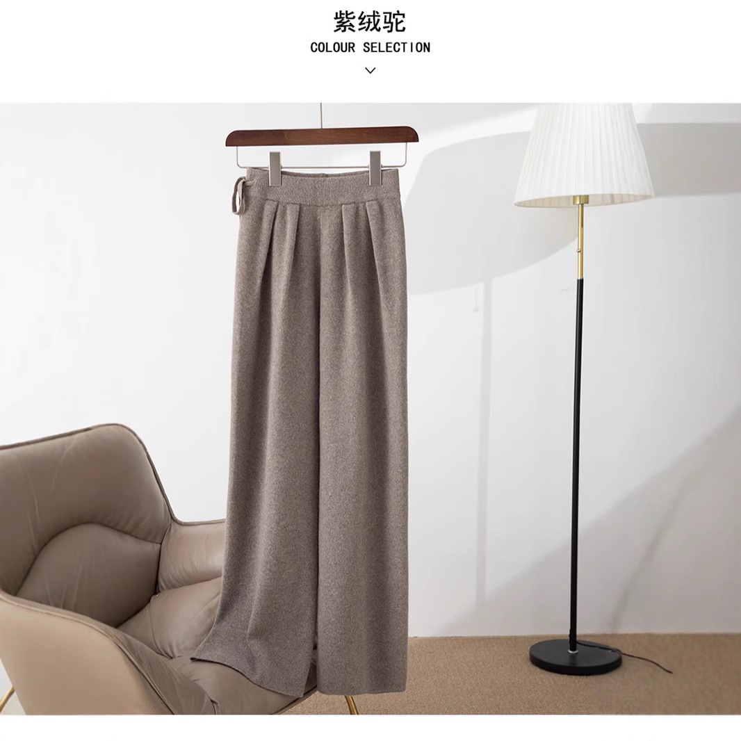 100 ピュアウールワイドレッグパンツ女性のハイウエストドレープファッションパンツカシミヤニットストレートアウターウェアウールパンツ