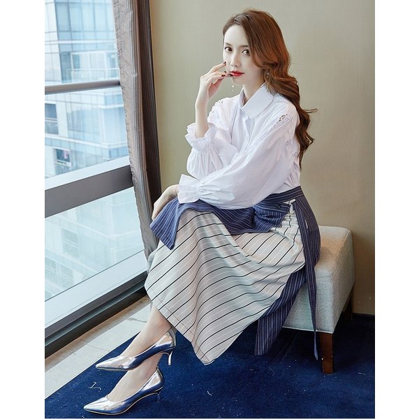 オールインワン セットアップ セットアップ セットアップ 長袖トップス+スカート セットアップ バイカラー ボリューム袖 ひざ丈スカート ストライプ