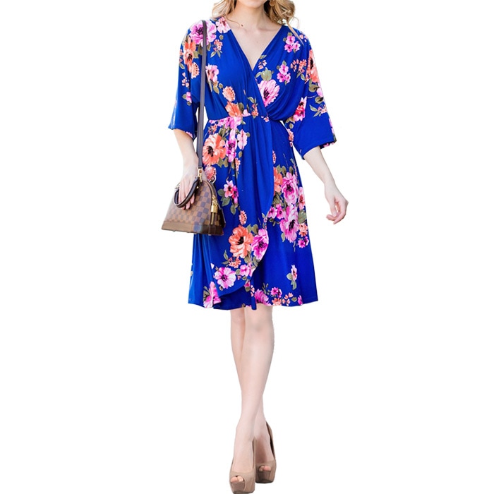 インポート 膝丈 7分袖 ドルマンスリーブ Vネック カシュクール 花柄 レイヤード ラップワンピース S.M.L ピンク from USA EM230327LA025