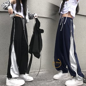 Qoo10 パンツ レディース メンズ ワイドパンツ サイドジッパーズボン ジャージ 下 無地 男女兼用169