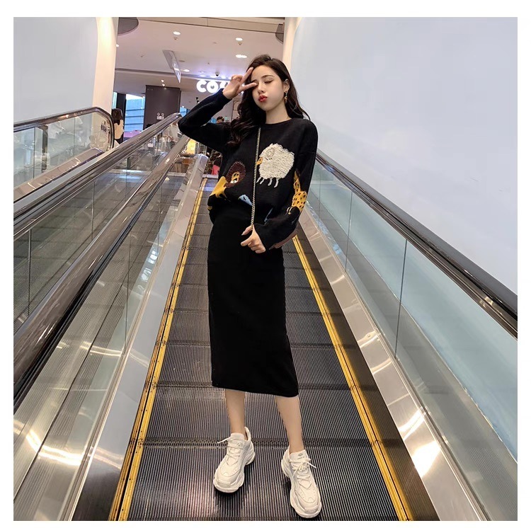 レディース スカート トップス ボトムス セットアップ タイトスカート ロングスカート ロング 長袖 ラウンドネック タイト スリム 細身 ストレート Iライン スリット ハイウエスト かわいい