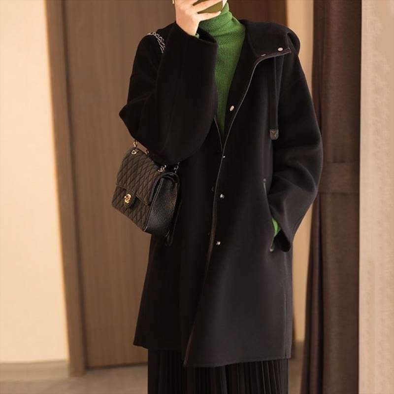 アウター レディース 前開き ミディアム 膝丈 長袖 Vネック フード フェミニン ストリート 前開き ウール かわいい 大人可愛い おしゃれ かっこいい こなれ感 ガーリー ラブリー キュート ベー