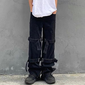 レトロ ウォッシュド ジーンズ ストレート ルーズ ストリート ワイドレッグ パンツ BF ルフィアン ハンサム 流れるようなロングパンツ