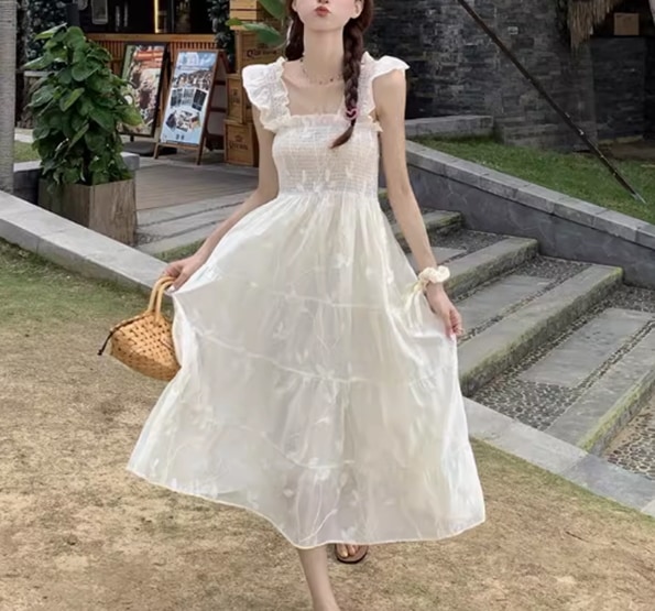 ワンピース レディース フレア ロング 袖なし ノースリーブ フリル袖 スクエアネック 襟なし Aライン 透け感 シースルー 薄手 かわいい 大人可愛い きれいめ シンプル カジュアル おしゃれ 6,462円