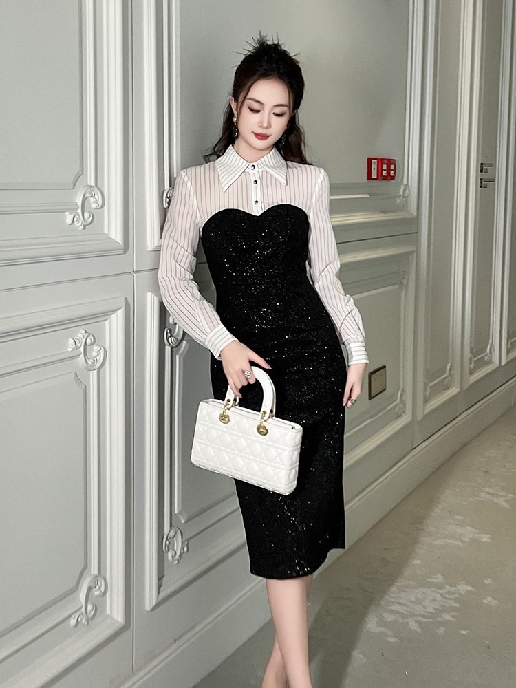 【JY.上品】 シャツドッキング 秋冬 ワンピース キラキラ ドレス パーティー キャバ 大人 同窓会 披露宴 卒業式 結婚式 成人式 ウェディング 二次会 メガ割