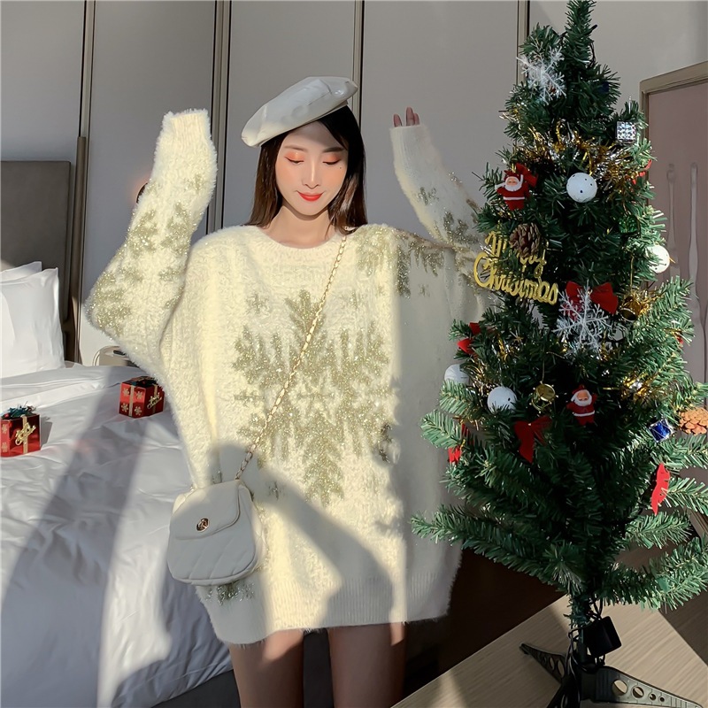 2024 クリスマス ゴールデン シルク スノーフレーク パターン ルーズで怠惰な質感のプルオーバー ミッドレングス セーター