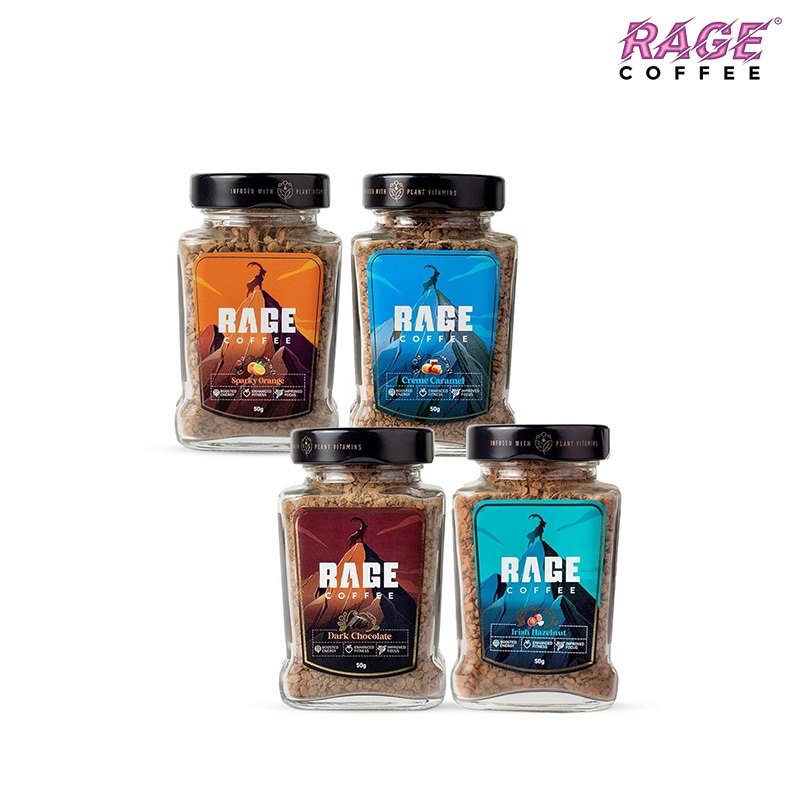 レイジ コーヒー コンボ 4 個パック - アイリッシュ ヘーゼルナッツ ダーク チョコレート クリーム キャラメル スパーキー オレンジ フレーバー グラウンド コーヒー 各 50 グラムガラスボト