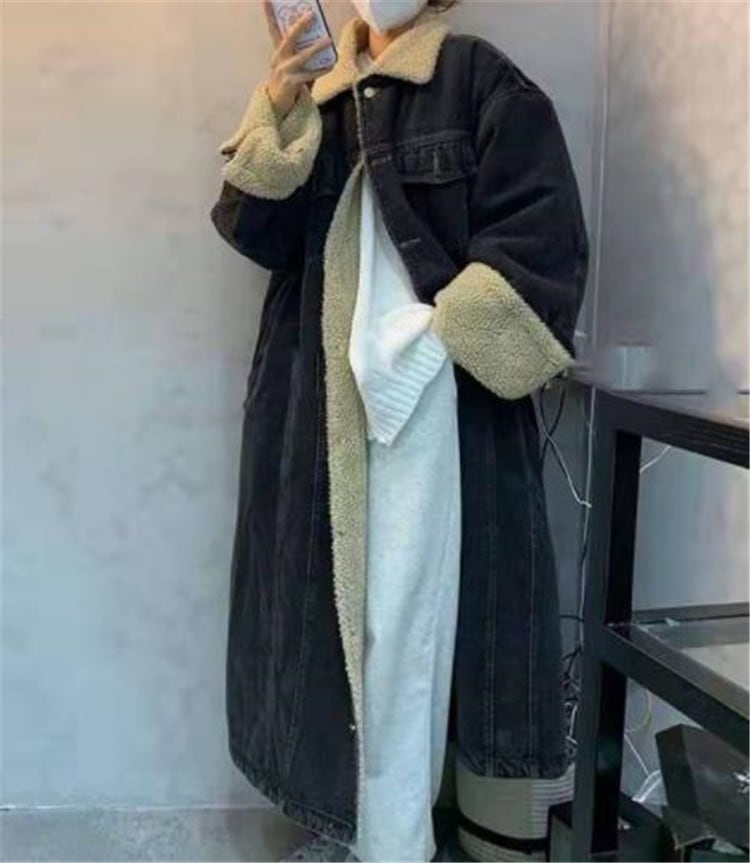 INSおすすめのホットスタイル ラペル 子羊の毛 暖かさ デニム ロングセクション コート 暖かい