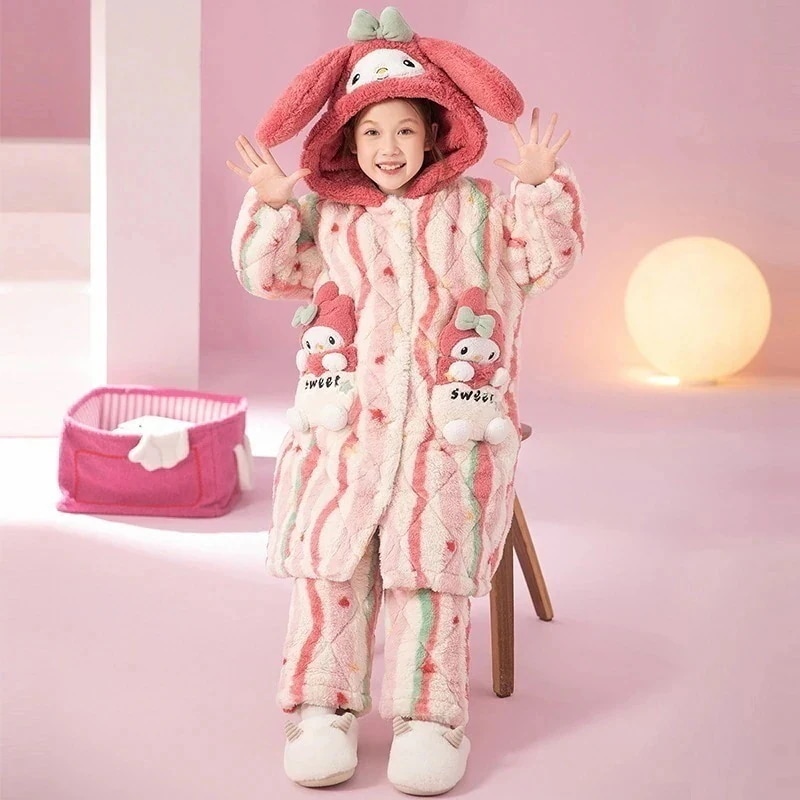 新品登場女の子の3層パッド入りパジャマセット中と大きな子供のためののベルベット厚みのある漫画の子供のドレッシングガウンラウンジウェア