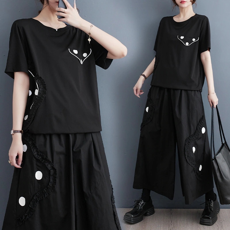 夏ゆるい文芸木耳縁レースタイルファッションプリントtシャツプリントワイドパンツ涼しく楽ちんセットアップ