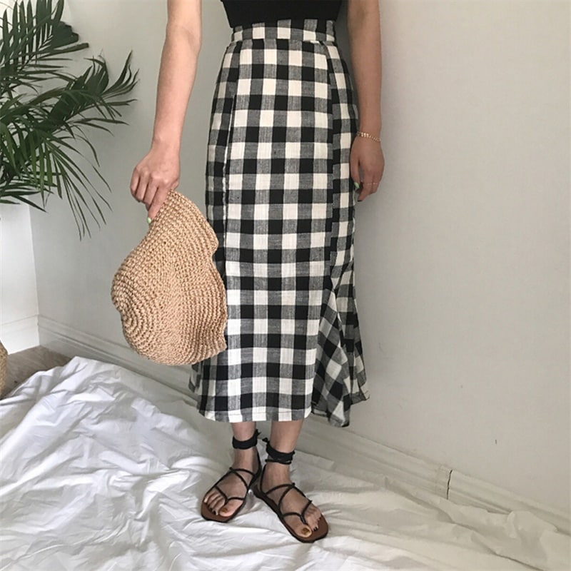 3161.ロング丈 ギンガムチェックスカート（ブラック＆ホワイト）2019 春夏 普段使い カジュアル
