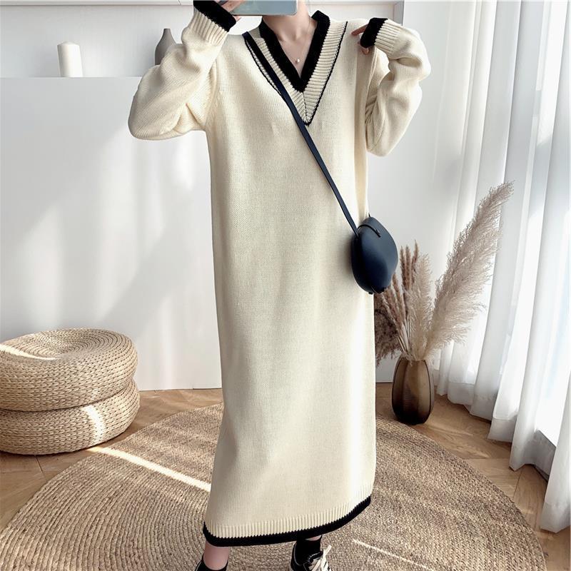 セクシーVネックニットワンピースロング韓国ファッションレディース秋服長袖セーター可愛いホワイトトップス肌にやさしい 母の日