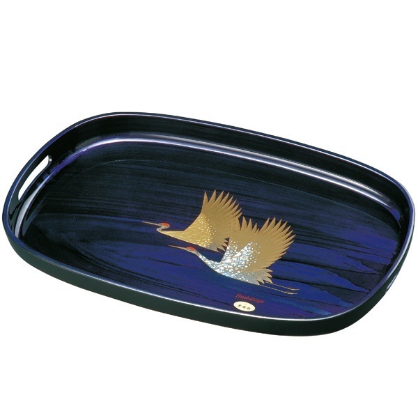 紀州塗り　尺６寸　小判盆 紫雲杢　雅鶴(盛絵)