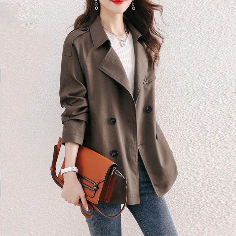 トレンチコート レディース スプリングコート ダッフル 春コート 薄手 ロショット丈ジャケットカーキ