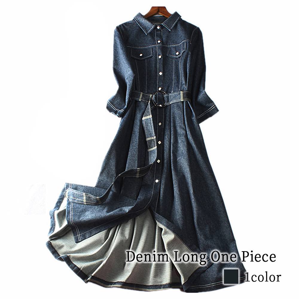 ワンピース レディース デニムロングワンピース Aライン ネック 大人 韓国 秋 安い 大きいサイズ きれいめ 20代 スカート ロング 黒 白 40代 アウトドア 厚手 かわいい しっかり ニット