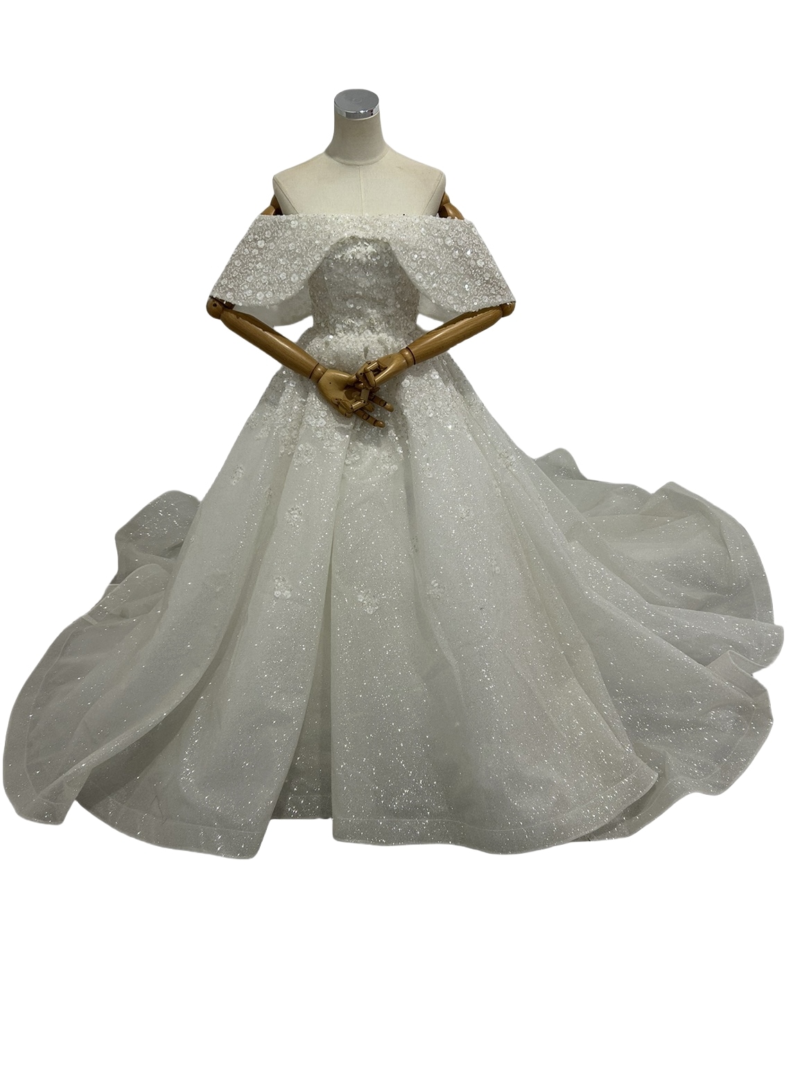 ウエディングドレス オフショルダー 花モチーフ キラキラグリッターチュール ロングトレーン 結婚式