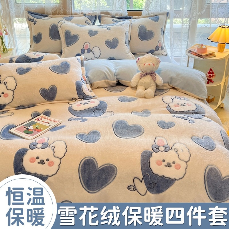 冬の新作スノーフレークベルベット4点セットかわいい漫画の通気性のあるベルベットの厚くて暖かい学生寮寝具点セット