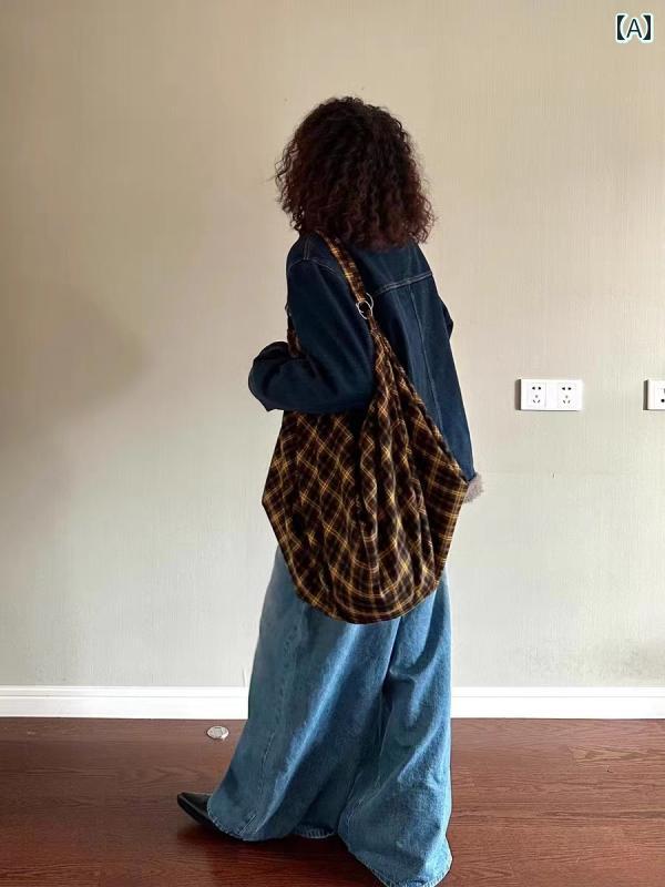 ショルダーバッグ 斜めがけ レディース 鞄 チェック 大容量 レトロ 韓国 おしゃれ ファッション トートバッグ イエロー