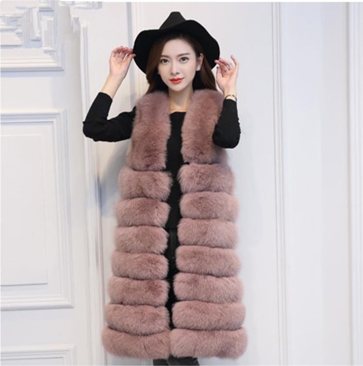 韓国ファッション2021 秋冬 ハイエンド スリム ロング 袖なし ベスト イミテーションフォックス