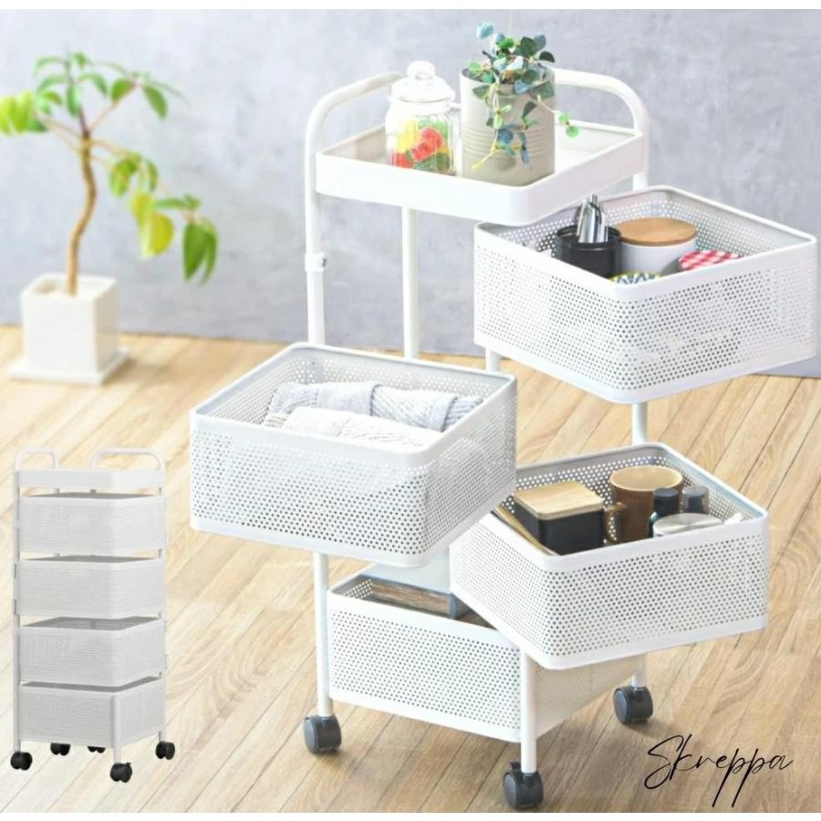 短納期 キッチンワゴン 4段 メッシュカート キッチンラック キッチン収納 キャスター付き 収納カート 鉄製 キャスター付き 天板付き 可動棚式4段 新生活 便利 北欧