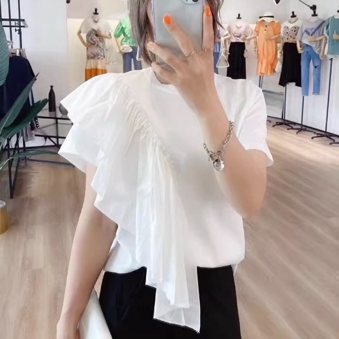 トップス Tシャツ ブラウス 袖あり 半袖 Uネック アシンメトリー フリル かわいい 大人可愛い きれいめ シンプル おしゃれ お洒落 かっこいい 大人女子 こなれ感 個性的 クール モード系