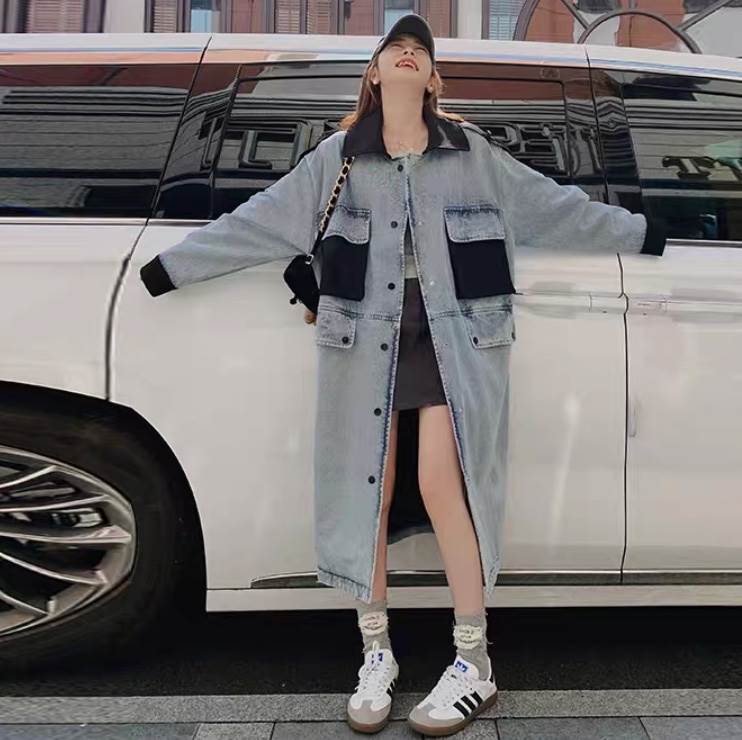 アウター コート 上着 レディース トレンチ ロング 長袖 Vネック 襟付き ストリート ウエスタン ポケット 前開き デニム ブルーデニム かわいい 大人可愛い きれいめ カジュアル おしゃれ かっ