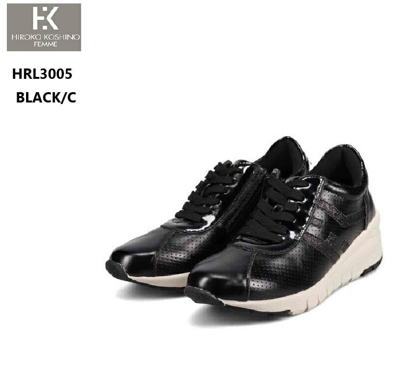 (HIROKO KOSHINO FEMME)ヒロココシノ HRL3005 ヒールアップカジュアルスニーカー サイドファスナー仕様 ポイントにはさり気ない覗きにルーチェ効かせたラメ素材 高さもあり綺麗に