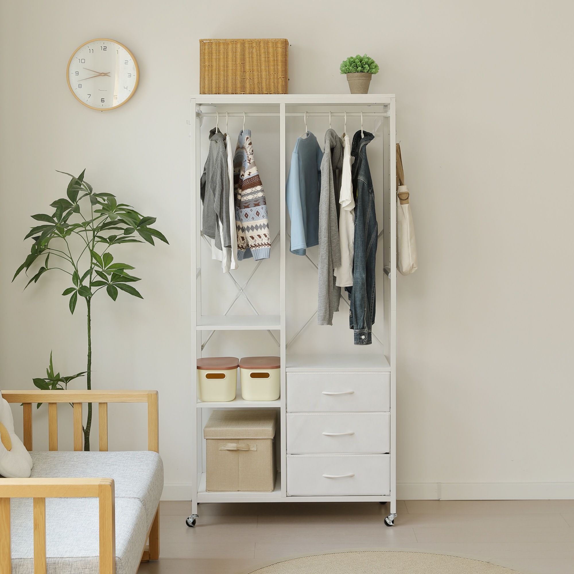 短納期！【新作推進中】ハンガーラック 引き出し付きスリム 幅80cm 奥行35cm タンス付き ワードローブ 衣装棚 押し入れ 収納ラック 大容量 頑丈