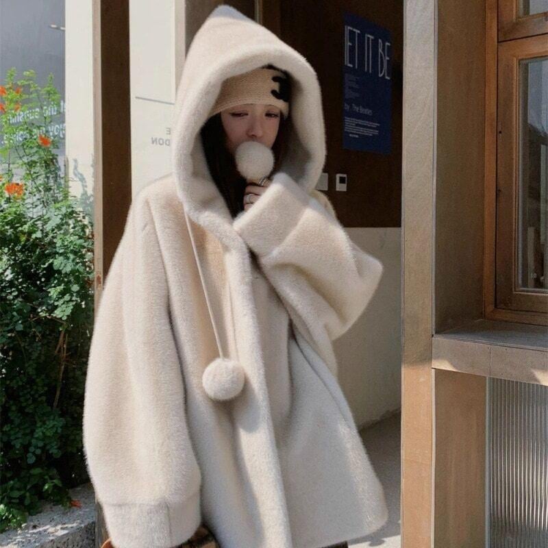 秋フード付きの厚い長い長さボアふわふわフェイクエコファー冬のアウターウェア裏地ジャケット女性のファッション