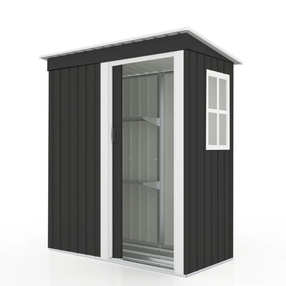 974【ブラック 棚あり】物置 屋外 大型 倉庫 大型物置 戸外収納庫 物置 防水/耐侯 収納可能 ガーデン/庭/田畑/農場 頑丈 大容量 スチール　引き戸　補強フレーム付き　窓付き　可動棚付き 床な