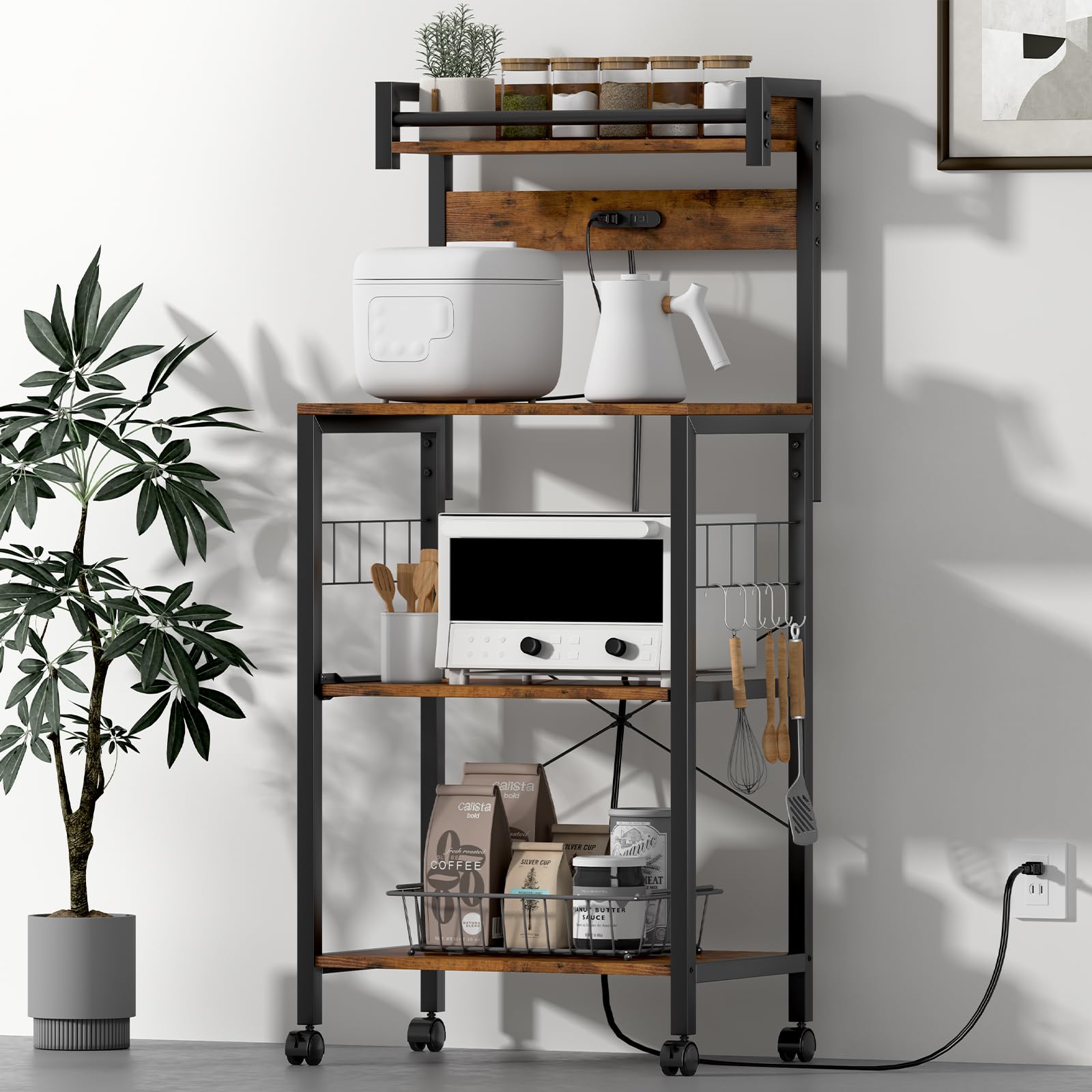 MoonMeguriキッチンベイカーラック 幅 57 奥行 39.2 高 133cm キッチン収納ラック フックキャスター付き 5色展開 エポキシ×メラミン素材 耐熱耐汚性 レンジ上収納+サイド小