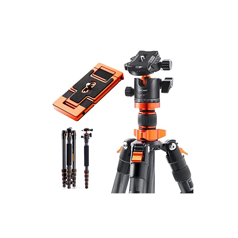 K&F Concept カーボン三脚 カメラスマホ 三脚 超軽量 コンパクト 5段 172cm 一脚可変式 耐荷重10kg 中心軸反転 360度回転自由雲台 予備用クイックリリースプレート三脚ケース付