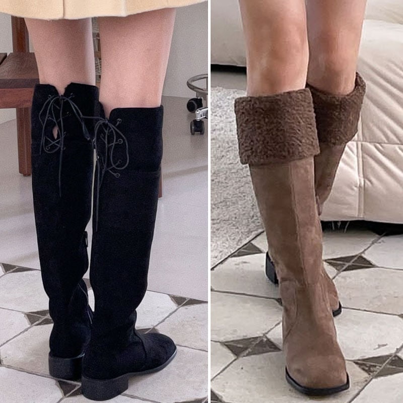 2color あったかもこもこ裏フェイクファー 部分ファスナー付き バックレースアップ．バックリボン ローヒール 折り返し 2WAY デイリー ロングブーツ．ニーハイブーツ